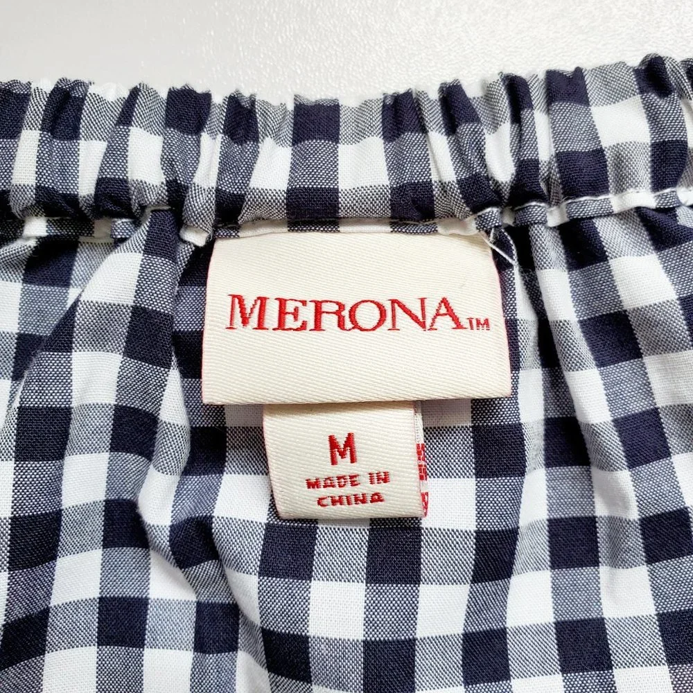 Black White Checkered Peasant Top 3/4 Sleeves | Gingham | Medium - Picture 9 of 13